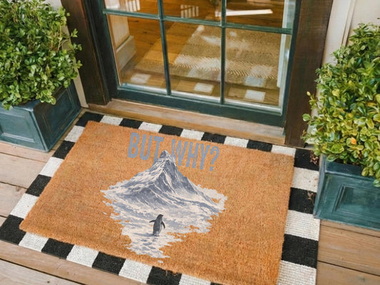 Lonely Penguin Journey Doormat, Viral Mountain Penguin Design, Aesthetic Winter Welcome Mat, Story-inspired Entryway Decor