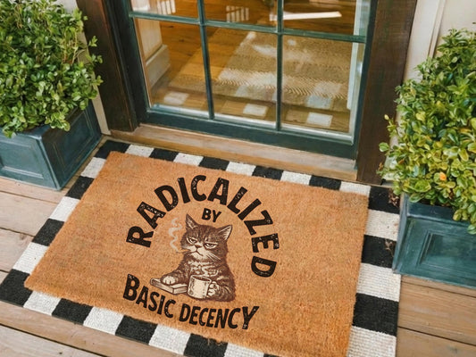 Radicalized By Basic Decency Cat Doormat – Sarcastic Activist Graphic Doormat