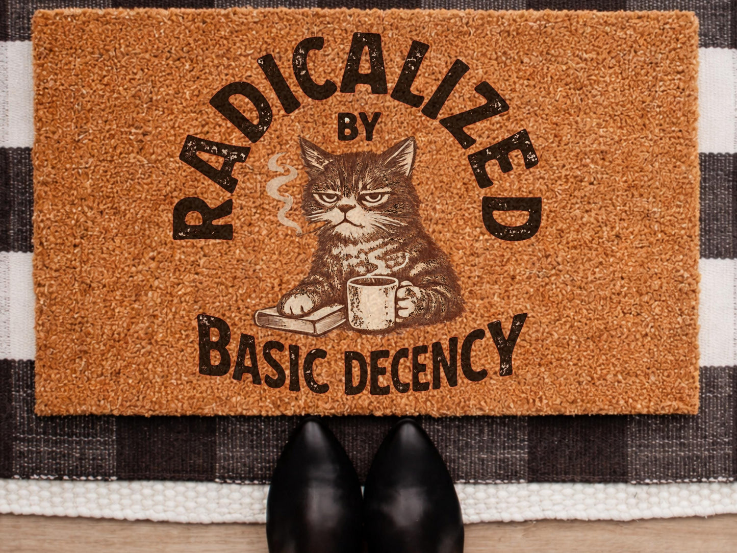 Radicalized By Basic Decency Cat Doormat – Sarcastic Activist Graphic Doormat