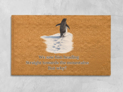 Lonely Penguin Journey Doormat, Viral Mountain Penguin Design, Aesthetic Winter Welcome Mat, Story-inspired Entryway Decor