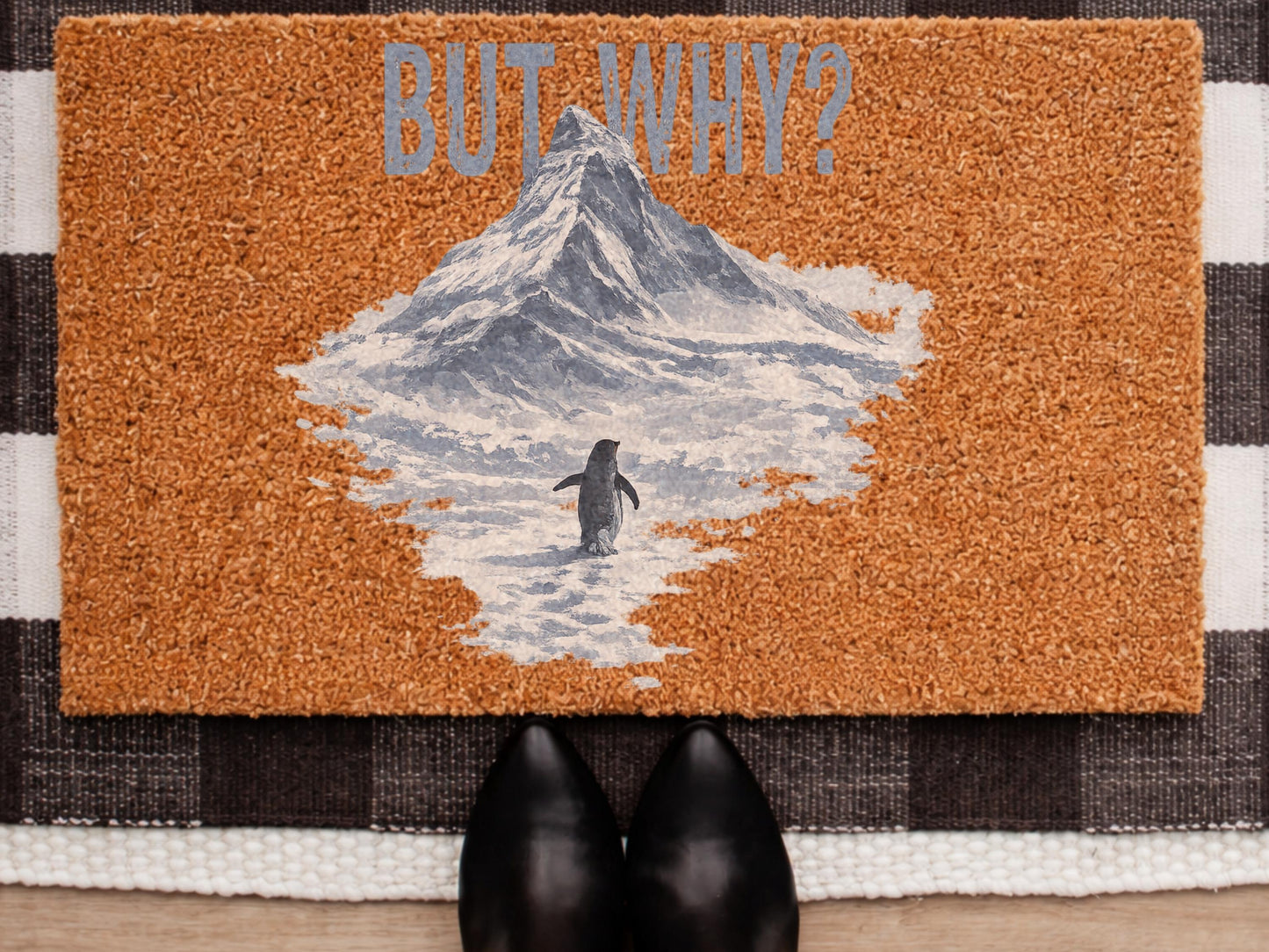 Lonely Penguin Journey Doormat, Viral Mountain Penguin Design, Aesthetic Winter Welcome Mat, Story-inspired Entryway Decor