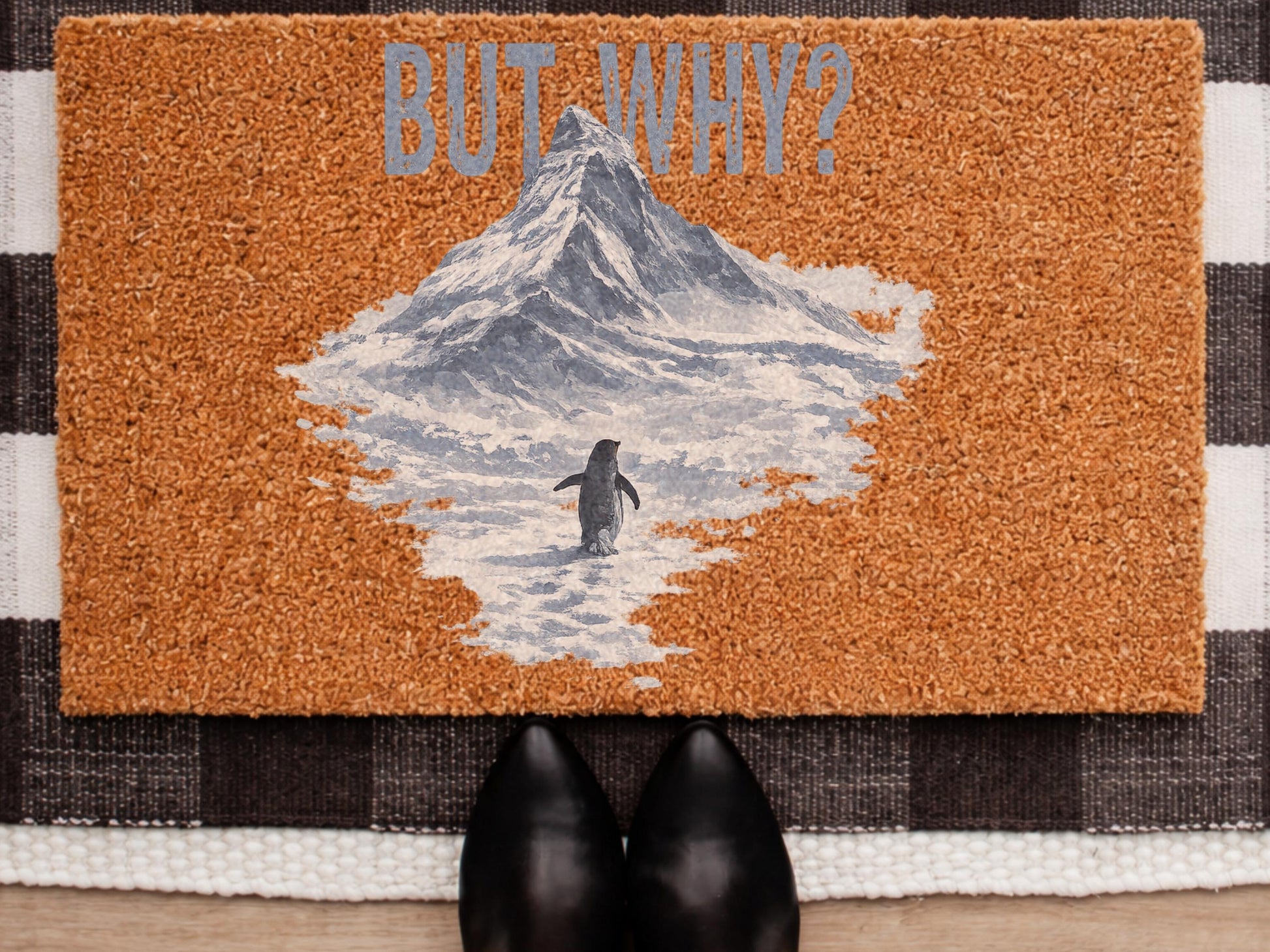 Lonely Penguin Journey Doormat, Viral Mountain Penguin Design, Aesthetic Winter Welcome Mat, Story-inspired Entryway Decor