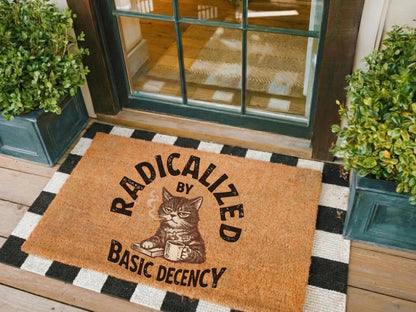 Radicalized By Basic Decency Cat Doormat – Sarcastic Activist Graphic Doormat