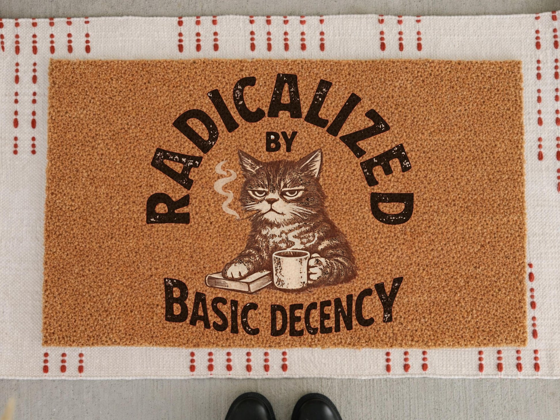 Radicalized By Basic Decency Cat Doormat – Sarcastic Activist Graphic Doormat