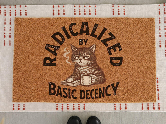 Radicalized By Basic Decency Cat Doormat – Sarcastic Activist Graphic Doormat