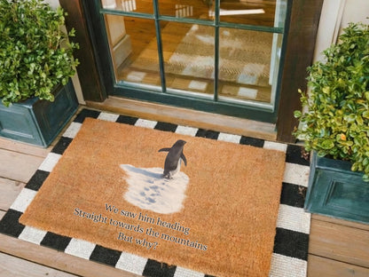 Lonely Penguin Journey Doormat, Viral Mountain Penguin Design, Aesthetic Winter Welcome Mat, Story-inspired Entryway Decor