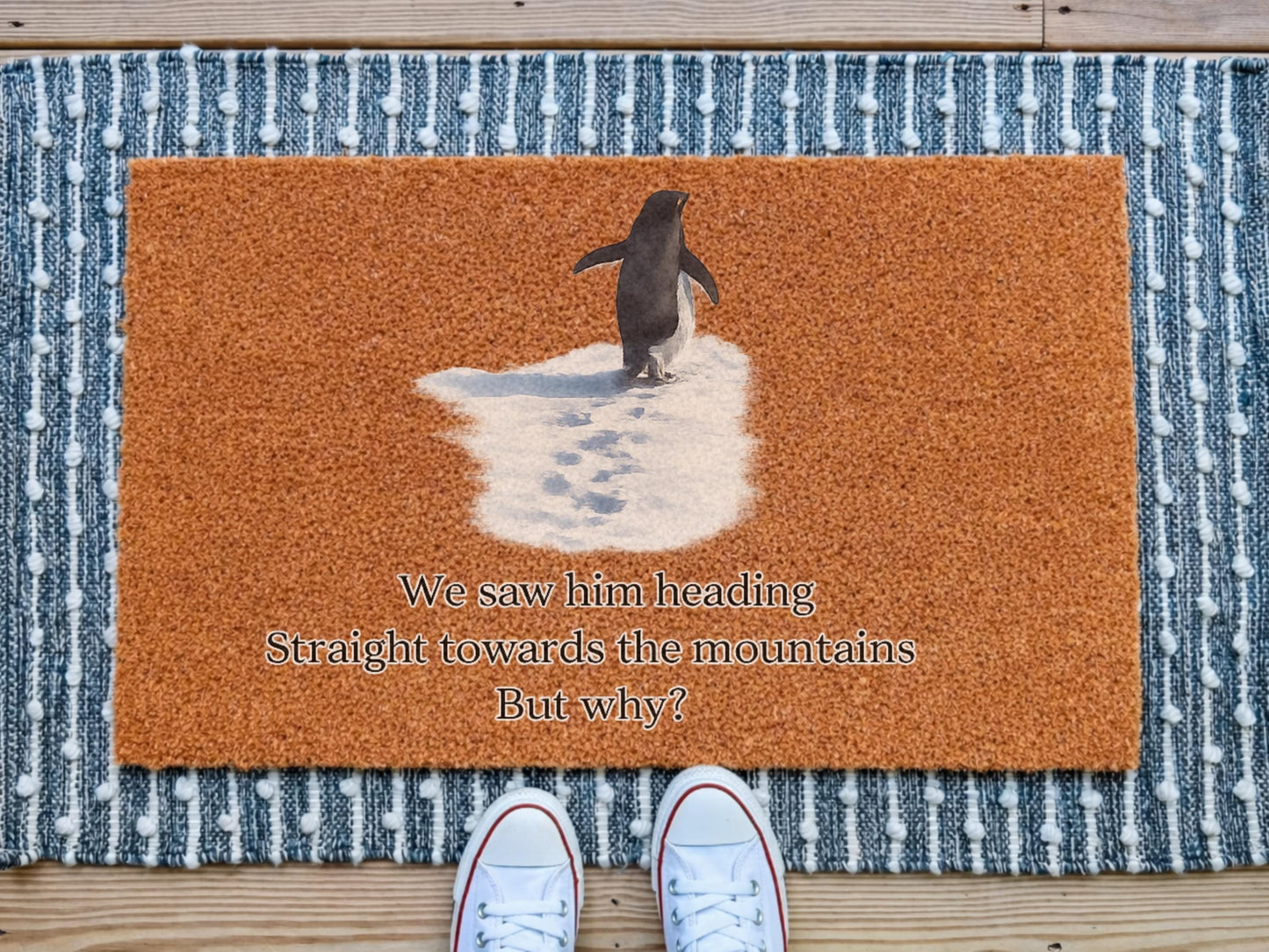 Lonely Penguin Journey Doormat, Viral Mountain Penguin Design, Aesthetic Winter Welcome Mat, Story-inspired Entryway Decor