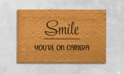 Smile You’re On Camera Doormat – Funny Door Mat, Security Camera Welcome Mat, Front Door Home Decor