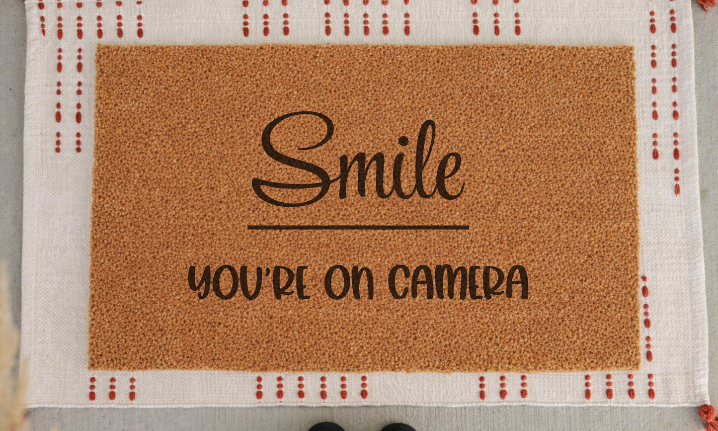 Smile You’re On Camera Doormat – Funny Door Mat, Security Camera Welcome Mat, Front Door Home Decor