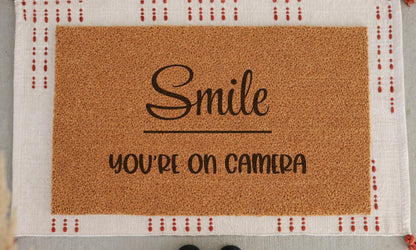 Smile You’re On Camera Doormat – Funny Door Mat, Security Camera Welcome Mat, Front Door Home Decor