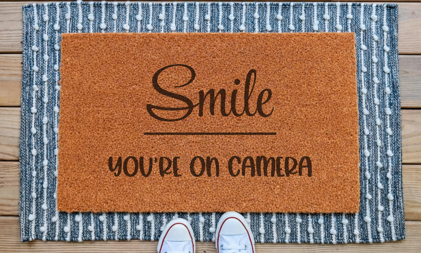 Smile You’re On Camera Doormat – Funny Door Mat, Security Camera Welcome Mat, Front Door Home Decor