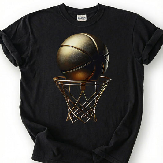 Gold Basketball And Hoop Shirt, Luxury Basketball Net T-Shirt, Golden Basketball Design Tee, Basketball Champion Gift, Victory Basketball