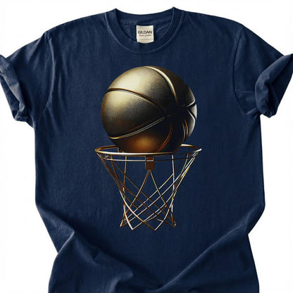 Gold Basketball And Hoop Shirt, Luxury Basketball Net T-Shirt, Golden Basketball Design Tee, Basketball Champion Gift, Victory Basketball