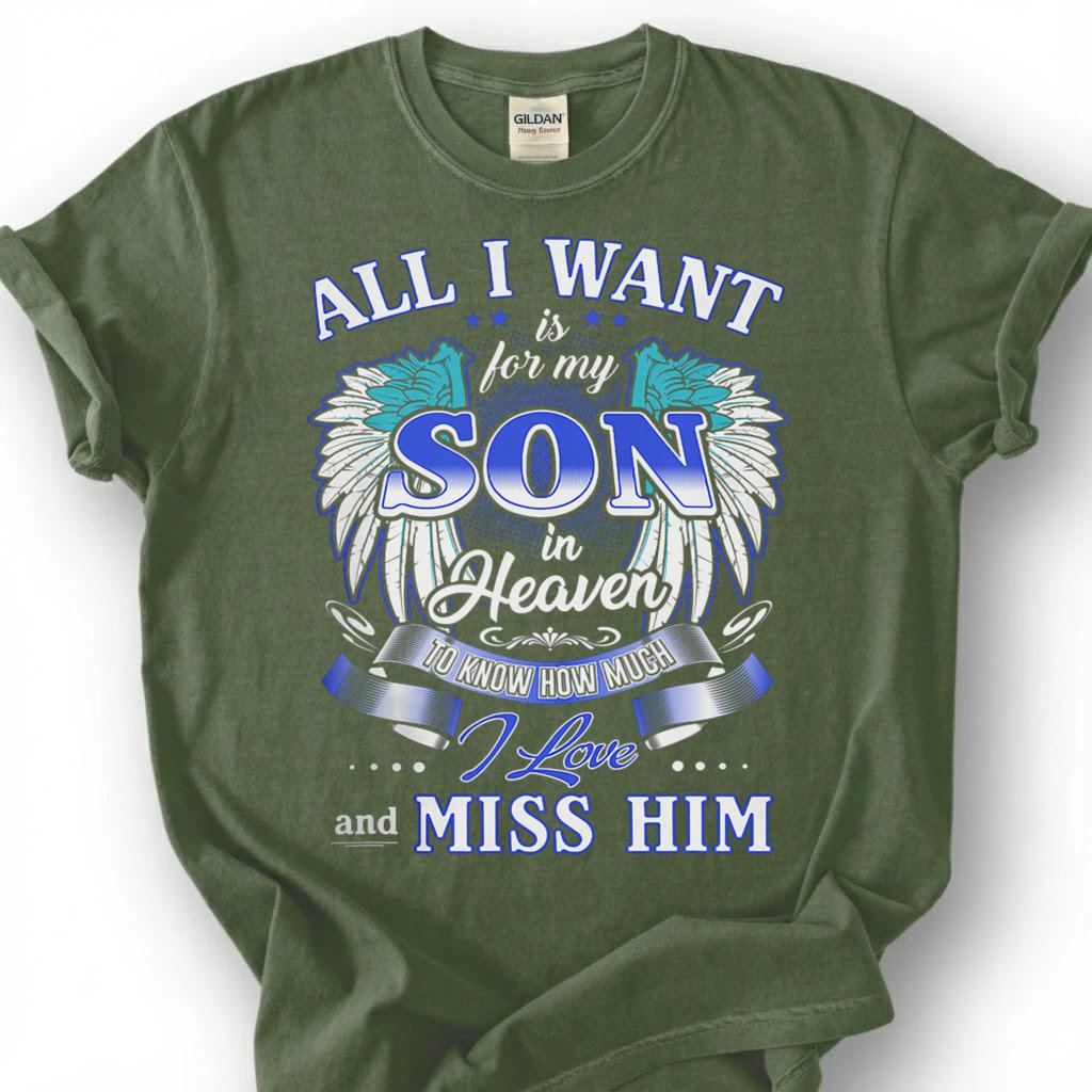 Missing Son Heaven Angel Wing Shirt, Grieving Parent Memorial Tee, Lost Son Remembrance T-Shirt, Love And Miss Him Tribute Top