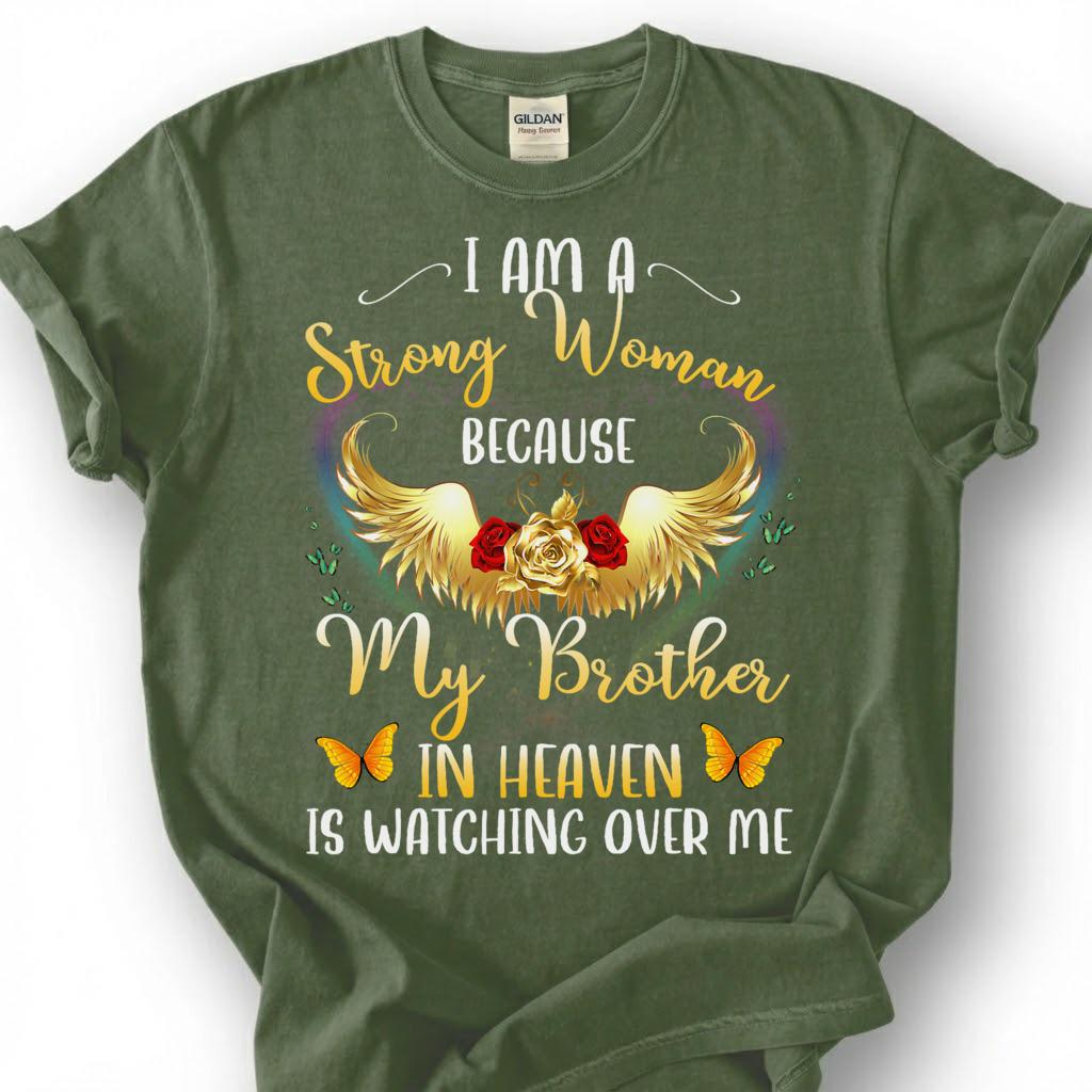 Strong Woman Brother Heaven Shirt, Grieving Sister Angel Wing Tee, Lost Brother Remembrance T-Shirt, Golden Rose Butterfly Memorial Top