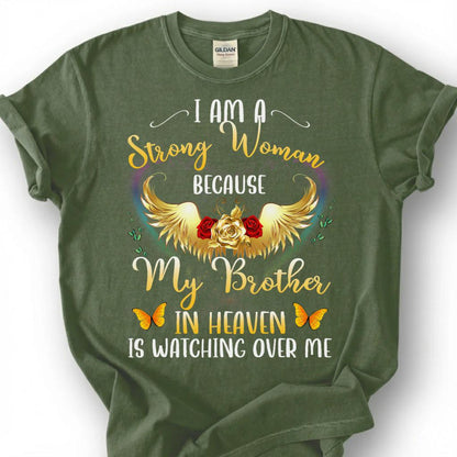 Strong Woman Brother Heaven Shirt, Grieving Sister Angel Wing Tee, Lost Brother Remembrance T-Shirt, Golden Rose Butterfly Memorial Top