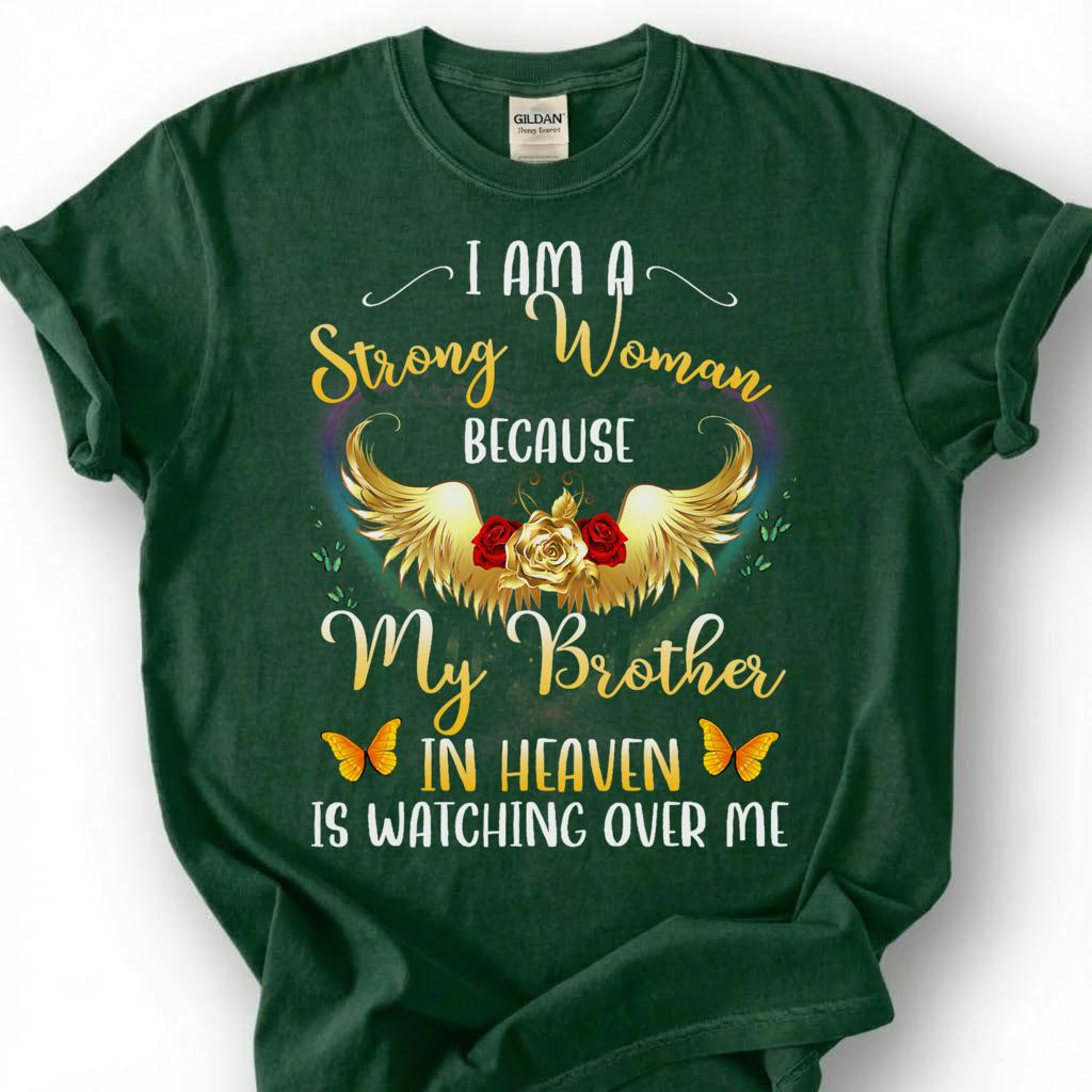 Strong Woman Brother Heaven Shirt, Grieving Sister Angel Wing Tee, Lost Brother Remembrance T-Shirt, Golden Rose Butterfly Memorial Top