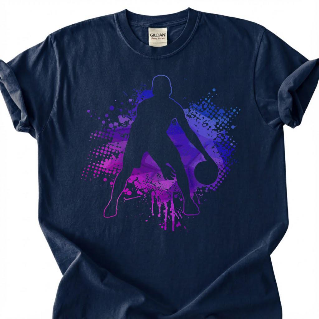 Purple Basketball Player Silhouette Shirt, Splatter Paint Basketball T-Shirt, Abstract Basketball Art Tee, Basketball Graffiti Gift