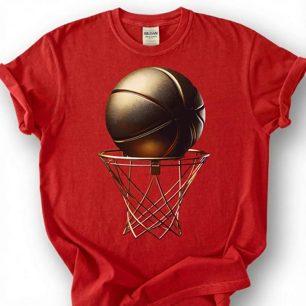 Gold Basketball And Hoop Shirt, Luxury Basketball Net T-Shirt, Golden Basketball Design Tee, Basketball Champion Gift, Victory Basketball