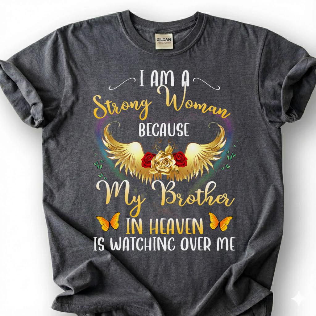 Strong Woman Brother Heaven Shirt, Grieving Sister Angel Wing Tee, Lost Brother Remembrance T-Shirt, Golden Rose Butterfly Memorial Top