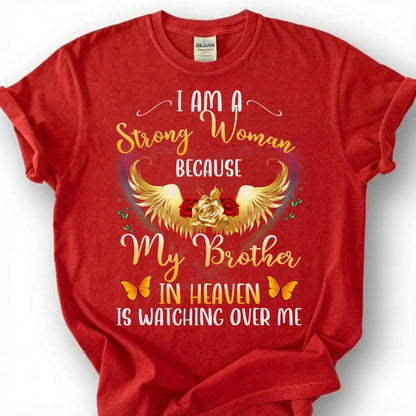 Strong Woman Brother Heaven Shirt, Grieving Sister Angel Wing Tee, Lost Brother Remembrance T-Shirt, Golden Rose Butterfly Memorial Top