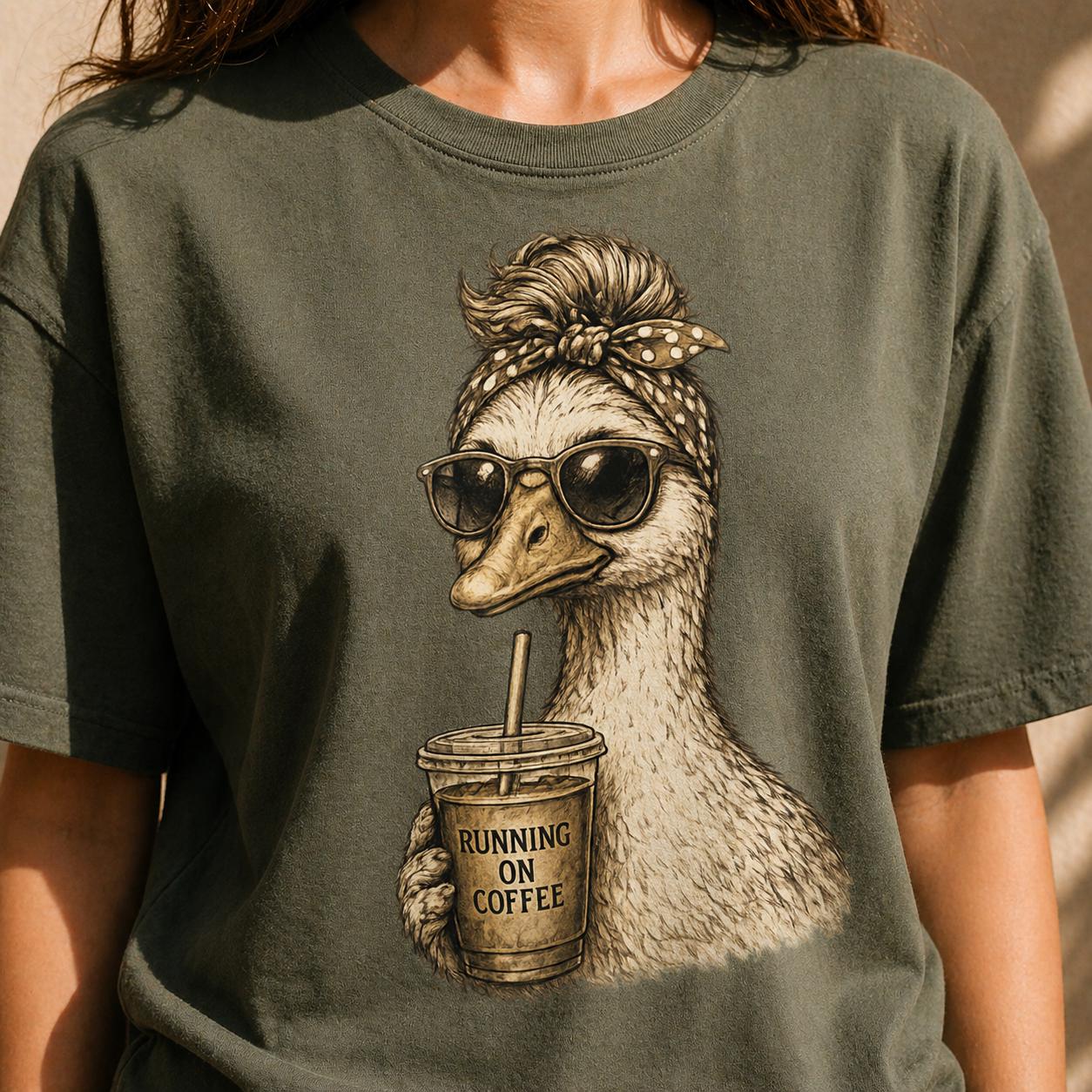 Funny Goose Shirt Running On Coffee Tee, Cute Animal Graphic T Shirt, Coffee Lover Gift, Vintage Duck Shirt, Aesthetic Casual Tee