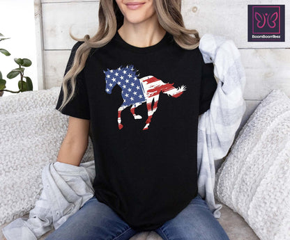 American Flag Horse T-Shirt Patriotic Equestrian Gift for Animal Lovers