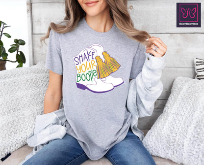 Shake Your Bootie Western Boot T-Shirt, Mardi Gras Cowgirl Gift Tee