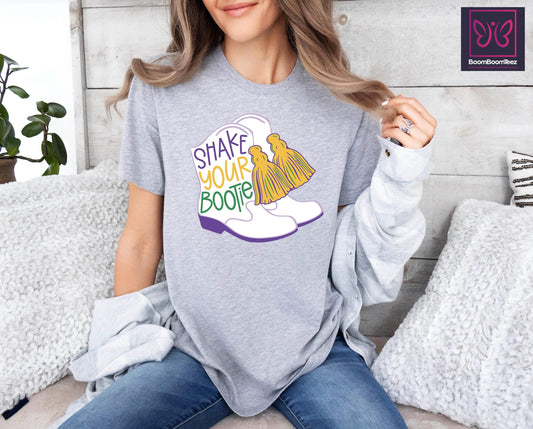 Shake Your Bootie Western Boot T-Shirt, Mardi Gras Cowgirl Gift Tee